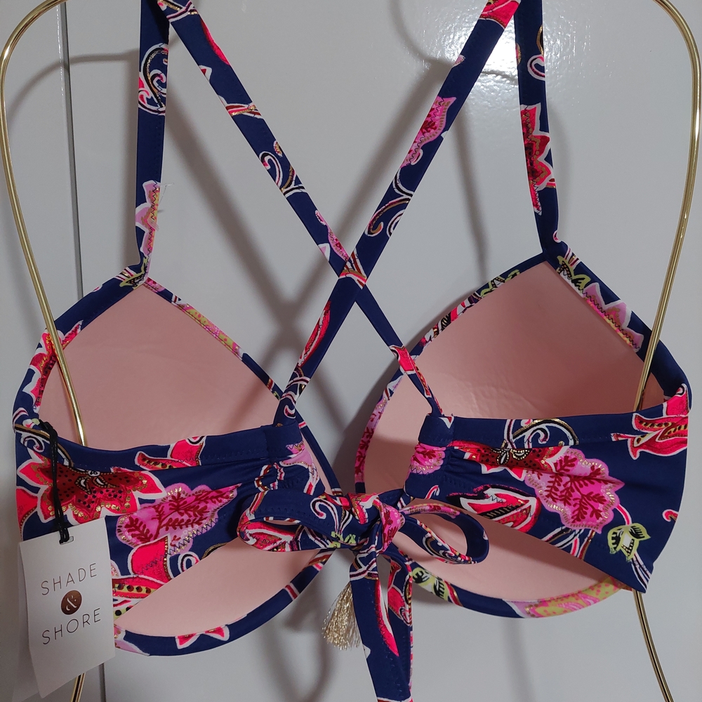 Indigo Blue and‎ Pink Floral Bikini with Criss-Cross Straps - Picture 4 of 10